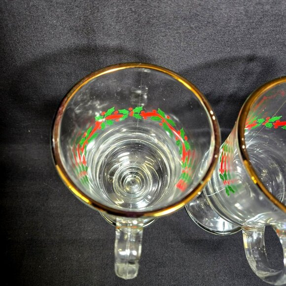 Libbey Christmas Holly Ribbon Irish Coffee Mugs Gold Rim Pedestal Set of 2 6in - Picture 6 of 10